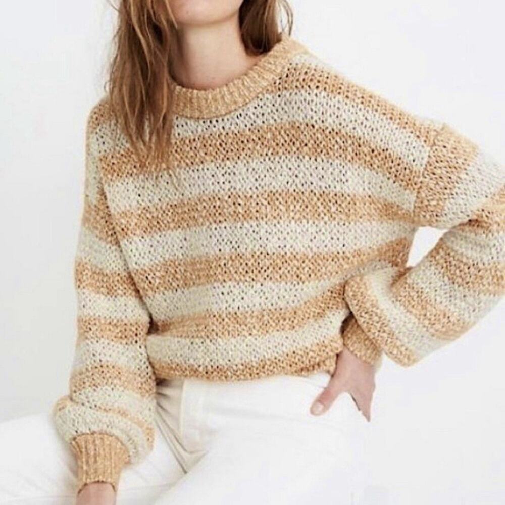 Madewell Baez Pullover Sweater XS Striped Orange Cream Knit Striped Long Sleeve - Picture 1 of 11